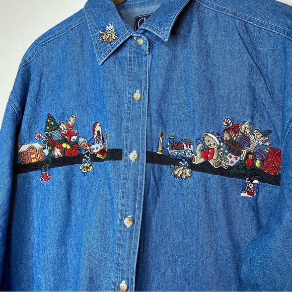 Vintage 90’s Quizz Blue Embroidered Christmas Holiday Button Down Shirt - Picture 6 of 7
